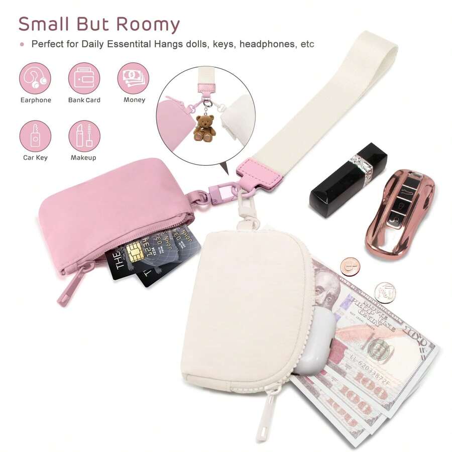 Wristlet Wallet, Keyring Wrist Strap Pouch - Small But Roomy Pink & Cream Contrast-Color Wallet | Dual-Bag Storage, Detachable Keychain (With Teddy Charm) & Wide Woven Wrist Strap | Holds Cards, Cash, Coins, Car Keys, Makeup & Earphones | Women's Minimalist Compact Wallet For Daily Use - Hồng - Xem 1