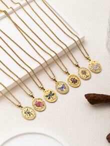 1件时尚复古椭圆形镶嵌锆石心形玫瑰蝴蝶天鹅蜻蜓石榴蛇不锈钢金吊坠项链，18k镀金，彰显个人魅力，适合女性日常佩戴、社交和宴会盛装，也可作为护身符项链佩戴，参加音乐节。女士珠宝。 - 金色 - 查看 3