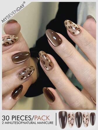 30 piezas de pegatinas de uñas con estampado de almendra/leopardo marrón, estilo sexy y dulce, kit perfecto de uñas acrílicas que incluye 1 esmalte de gel y 1 lima de uñas, adecuado para mujeres para uso diario, estudio y uso en fiestas en otoño/invierno