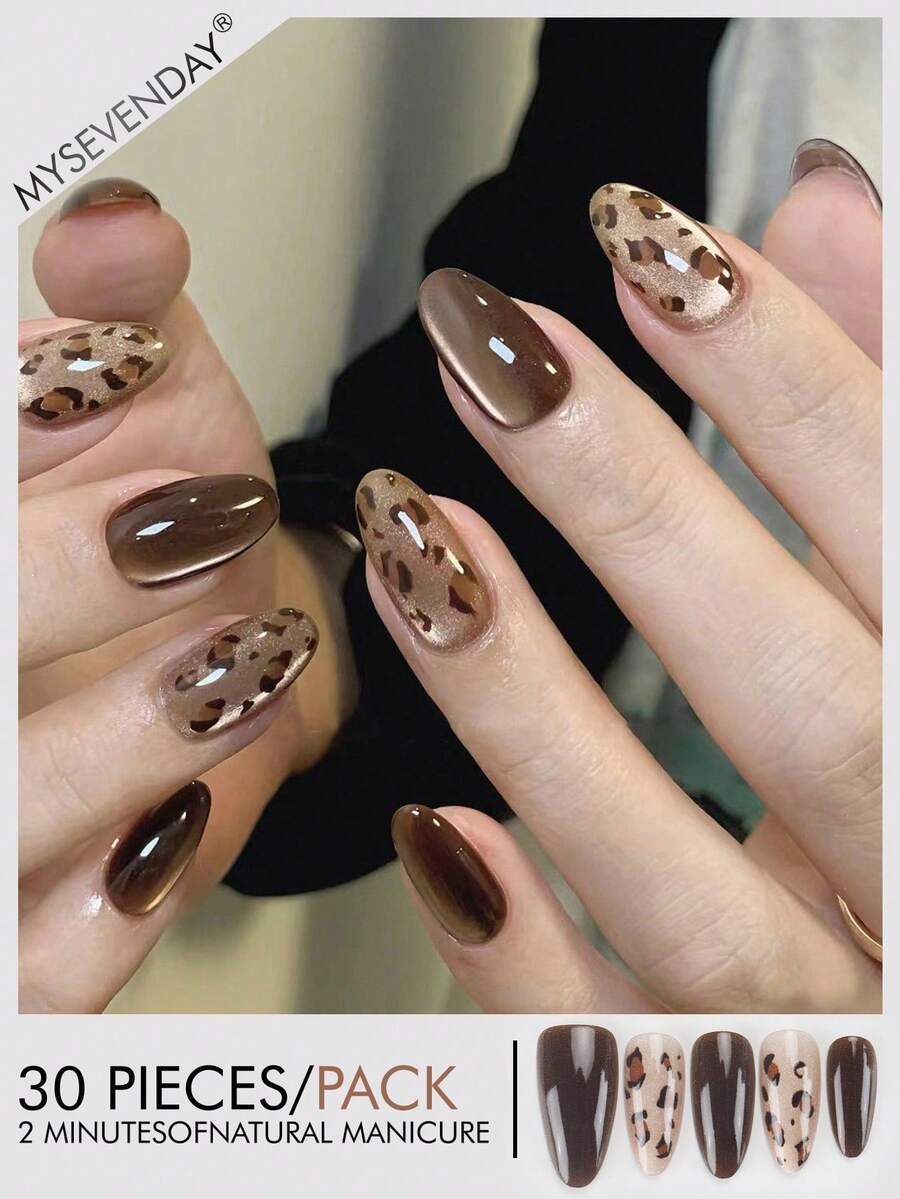30片杏仁/豹纹棕色美甲贴纸，性感甜美风格，完美贴合亚克力美甲套装，包含1瓶甲油胶和1把指甲锉，适合女性日常工作、学习和秋冬季派对佩戴。美甲用品