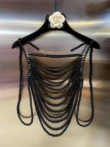 DEKUNER 1pc Gothic Style Multi-Layer Beaded Body Chain Spaghetti Strap Top, Unique Exaggerated Necklace Accessory For Festivals And Parties - Black - View 2