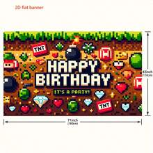 Fondo de fotografía de poliéster con tema de juego de píxeles 2D plano, adecuado para fiesta de cumpleaños de videojuegos, batalla y decoración de mesa de pastel