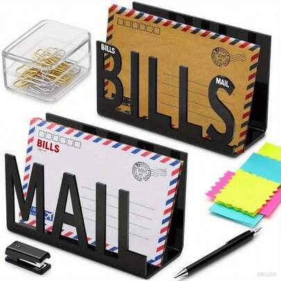 2 piezas Organizador de correo de acrílico para mostrador con diseño de letras recortadas modernas para almacenamiento de sobres, facturas y documentos en el escritorio de la oficina o el hogar