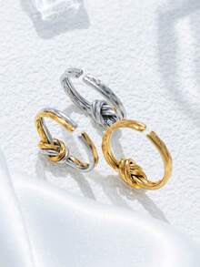 1pc Unique Rope Knot Design Adjustable Open Ring Stainless Steel Stacking Ring Golden Silvery Two Tone Jewelry For Women For Daily Wear Accessories Dating Gift