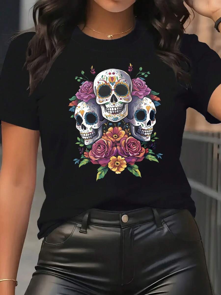 Camiseta De Mujer Estilo Gótico Boho Con Diseño Calavera Y Flores - Cálculos Mexicanas Azucarados, Cuello Redondo Manga Corta, Top Casual Para Todas Las Temporadas En Ajuste Confortable Ideal Día Del Muertito & Ropa Casual. Patrón Vibrante Rosa Morado Naranja Amarillo Verde Florales Sobre La Cráneo. ¡Lavable A Máquina! - oscuro - Ver 1