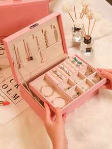 صندوق مجوهرات ذو طبقتين سعة كبيرة، صندوق تخزين مجوهرات محمول، صندوق مجوهرات للزينة، صندوق مجوهرات هدية من الجلد، حاوية عرض فاخرة للتخزين، صندوق مجوهرات متعدد الوظائف من جلد البولي يوريثان مع قفل لساعة، صندوق تخزين، صندوق تخزين خاتم وأقراط وقلادة، صندوق تخزين مجوهرات منزلي، صندوق منظم مجوهرات