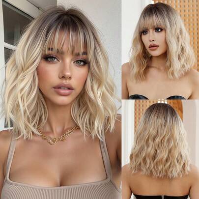 Blonde Wig Hair Natural Synthetic Heat Resistant Wigs 14 Inch Shory Curly Wig With Bangs For Women Daily Wedding Used