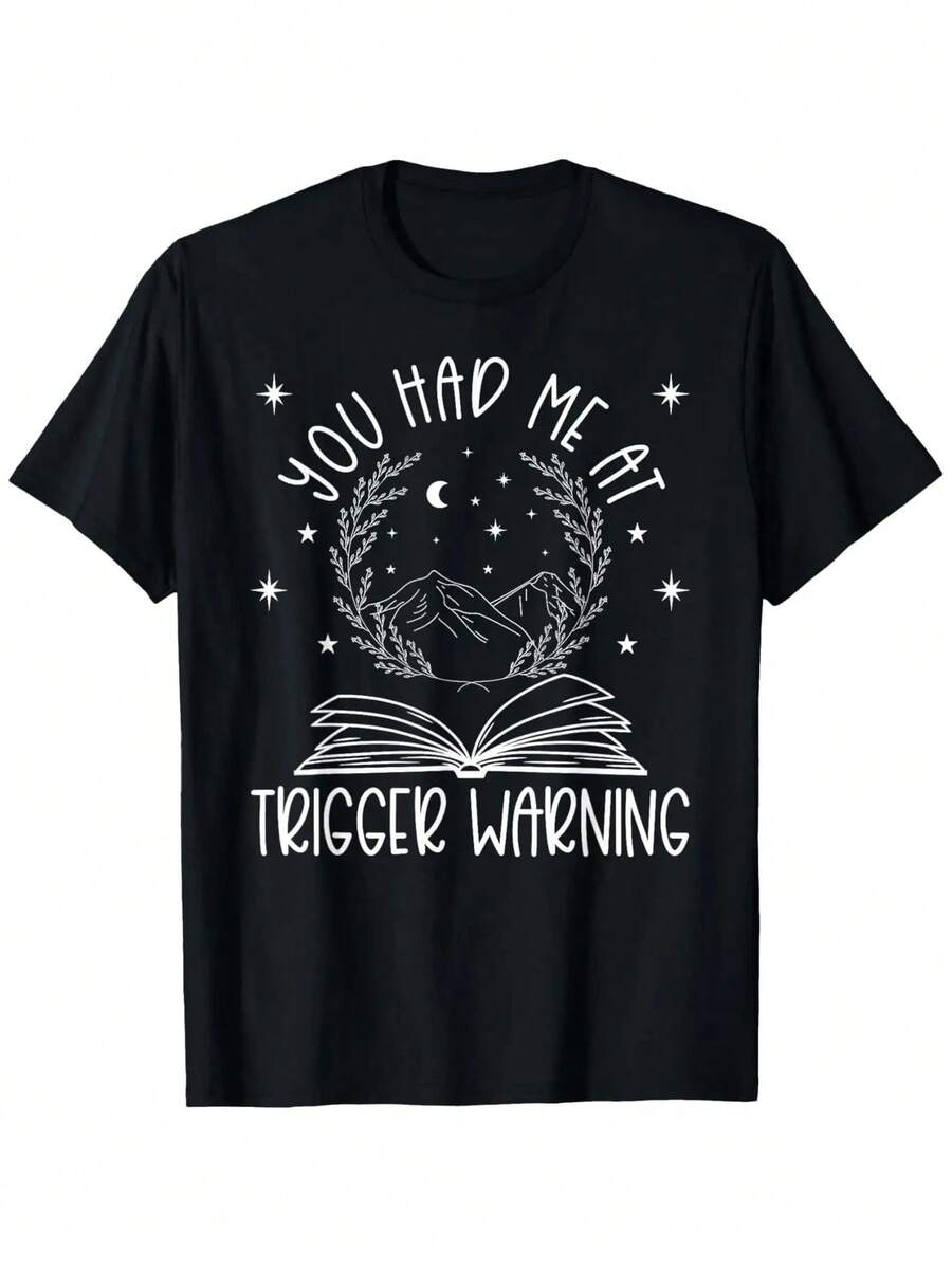 Dark Romance Trigger Warning Graphic T-Shirt – Women's Spicy Book Merch, Men's Fashionable Short-Sleeve, Comfortable 100% Cotton, S-XXXL, Black With White Design, Perfect For Summer - 黑色 - 查看 1