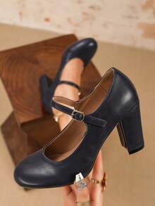 女士优雅时尚系带圆头粗跟超高跟玛丽珍鞋，搭扣闭合，方便穿着，适合派对/婚礼/圣诞节/工作通勤/春秋季，蓝色高跟鞋，舒适女鞋，商务礼仪，度假，女士正装鞋 - 藏蓝色 - 查看 3