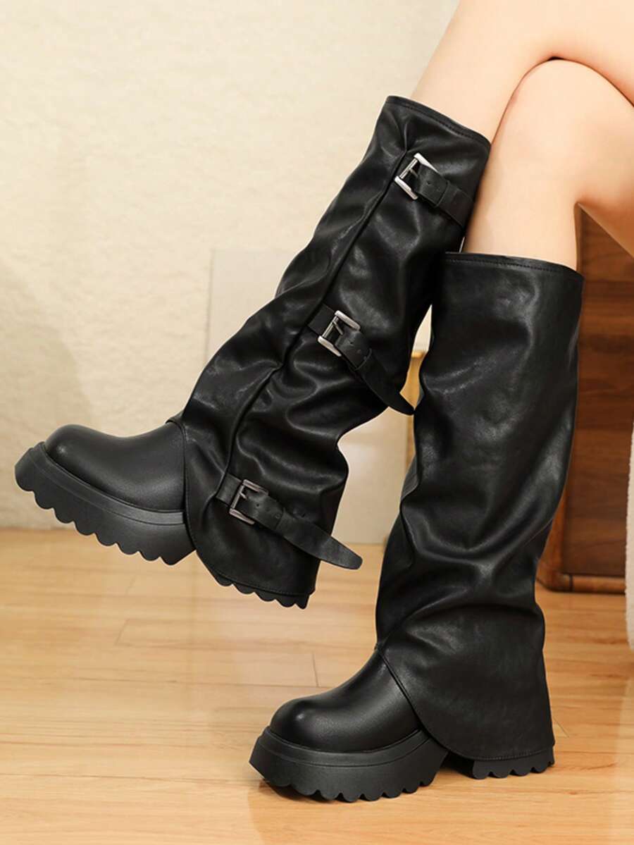 Damen Schwarze Kniehohe Stiefel, Runde Zehenkappe Dicke Sohle Reitstiefel, Modestiefel für Damen, Herbst/Winter