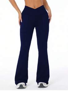 新款提臀拼接口袋瑜伽裤，修身运动紧身裤，女士打底裤 - 藏蓝色 - 查看 4