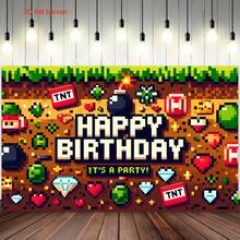 Fondo de fotografía de poliéster con tema de juego de píxeles 2D plano, adecuado para fiesta de cumpleaños de videojuegos, batalla y decoración de mesa de pastel