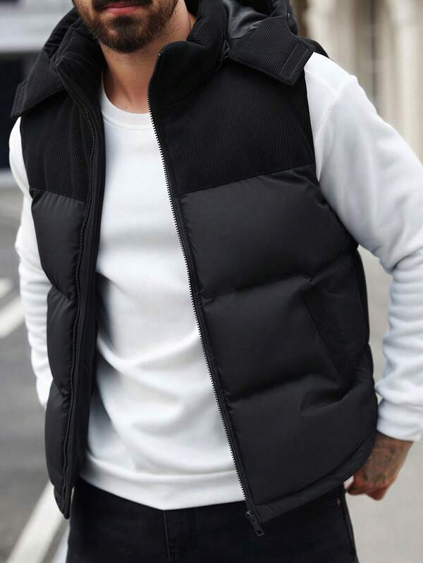 1pc Men's Black Corduroy Patchwork Vest, Suitable For Daily Commute And Casual Wear, Autumn/Winter Jacket