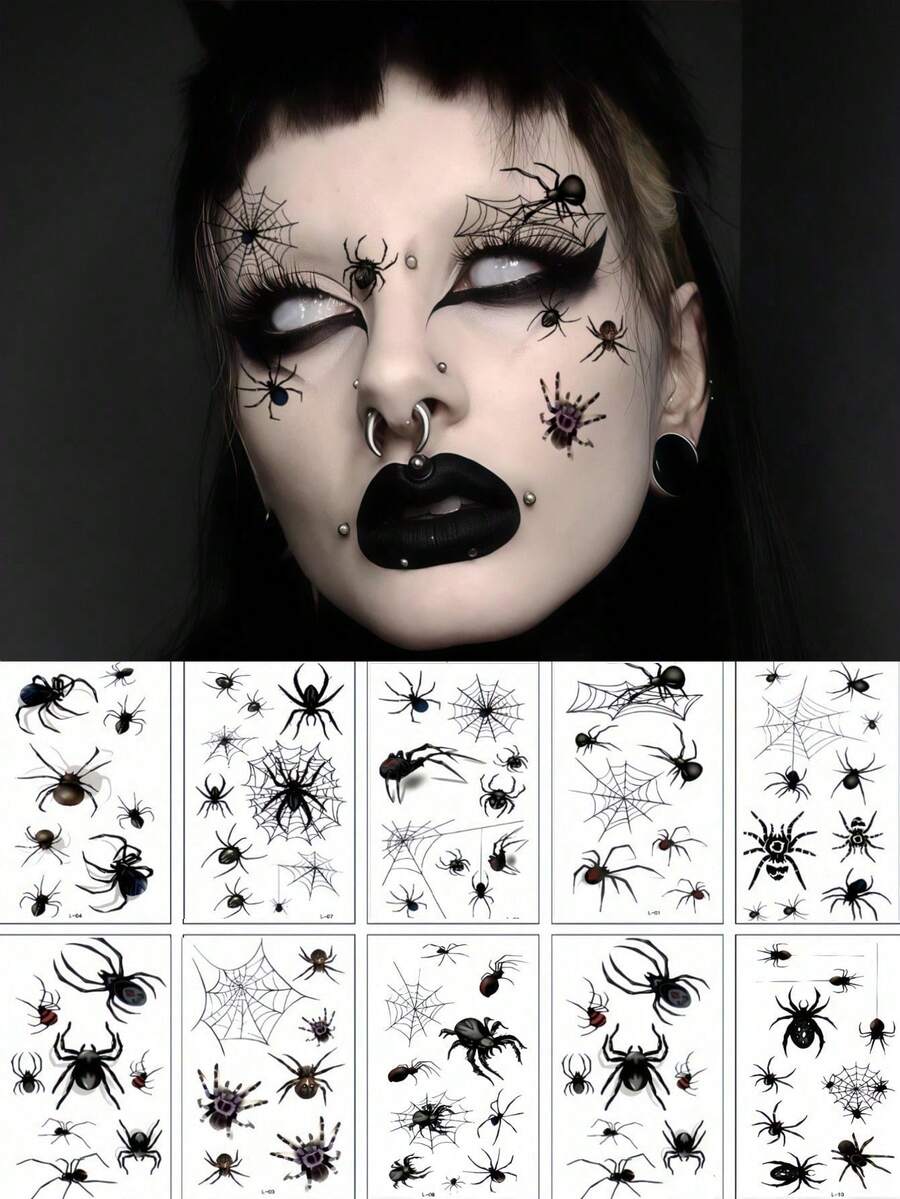 10 fogli di tatuaggi temporanei a forma di ragno, decorazioni per Ognissanti con ragnatela, kit per trucco gotico, decorazioni per feste