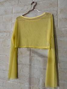 Cropped Cape Flare Sleeve Tulle Simple Asymmetric Beach Top - Yellow - View 2