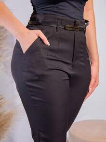 Women's Tailored Dress Pants With Belt And Front Pocket, Elegant Skinny Party - 黑色 - 查看 3
