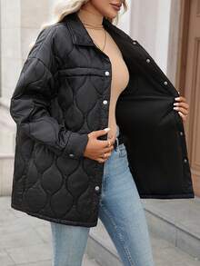 Chaqueta casual de mujer acolchada y cálida con cuello vuelto, botones delanteros y unicolor, con bolsillos de unicolor, botones delanteros y forro térmico para uso diario