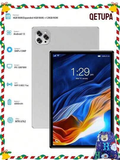 Qetupa Tableta Android 13, 4GB RAM+64GB ROM, pantalla táctil IPS HD (1280x800) de 10.1 pulgadas, procesador Octa-Core de 2.0GHZ, cámara frontal de 5MP y cámara trasera de 13MP, batería de 6000mAh, WiFi 802.11ac, BT 5.2, GPS, para lectura y juegos.