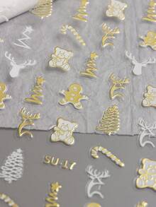 4张3D金色圣诞美甲贴纸，金属金色小鹿、小熊、雪花、星星图案，新年装饰美甲贴片 - 彩色 - 查看 10