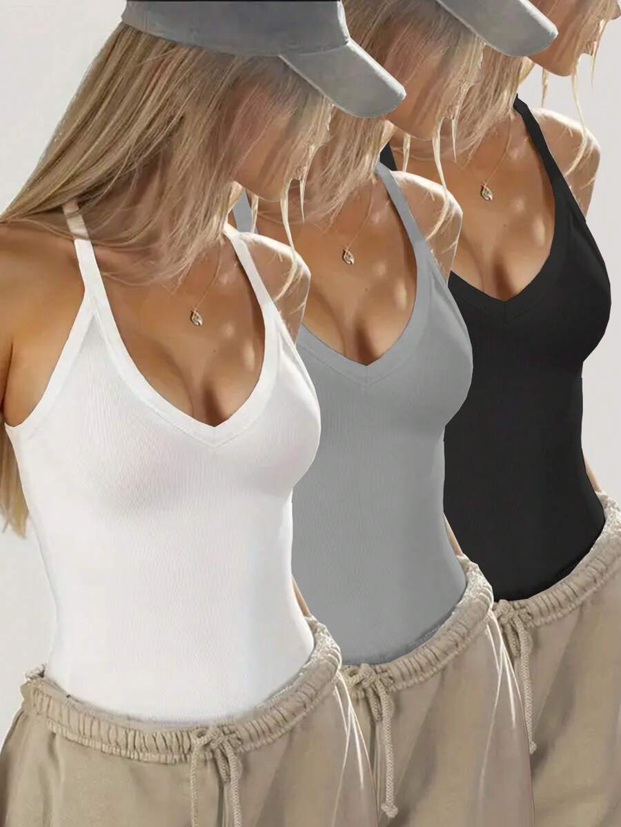 3pcs/Set Solid V-Neck Cami Top, Sexy & Versatile Slim Fit - Multicolor - View 1