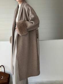 Women's Classic Shawl Collar Tie-Waist Long Double-Sided Wool Coat, Casual Extra Long Jacket For Autumn/Winter - Oatmeal - View 4