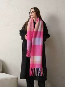 1 chiếc khăn choàng cổ kẻ caro tua rua dày mềm mại cỡ lớn mới 2025 dành cho nữ, cỡ lớn và ấm áp, thích hợp mặc vào mùa thu/đông để mặc váy - Nhiều màu - Xem 14