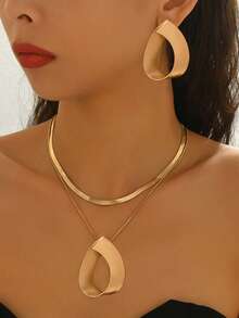 3 Stücke asymmetrisches geometrisches, mehrschichtiges elegantes Modeschmuckset aus Ohrringen, Anhänger und Halskette