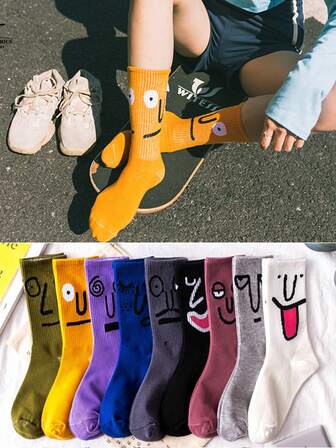5 Pairs Random Color Funny Expression Cartoon Breathable, Moisture-Wicking, Anti-Friction Mid-Calf Socks