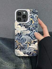 1 pieza Funda de teléfono a prueba de caídas con diseño de ola Ukiyo-E, compatible con Apple 16/15/14/13/12/11/X/XS/7/8 - Concha plateada coloreada - Ondas Ukiyoe blancas - Ver 2