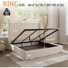 Lift Up Storage Bed Frame Queen/King Size, Velvet Upholstered Platform Bed With Channel Tufted Wingback Headboard, Modern Bedroom Furniture Design, No Box Spring Needed, Cream - Cream - View 3