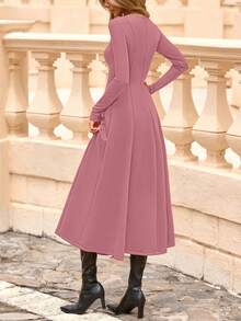 Cocktail Dresses For Women  Elegant Classy Fall Long Sleeve Midi Swing A Line Flowy Modest Party Dress - Pink - View 2
