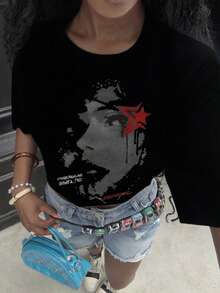 Tween Girl Cotten Clothes,Y2K-Inspired Letter Print T-Shirt - Casual Crew Neck, Short Sleeve, Machine Washable - Perfect For Spring/Summer/Fall,Fashion, Streetwear, Unisex, Men, Women - 黑色 - 查看 2