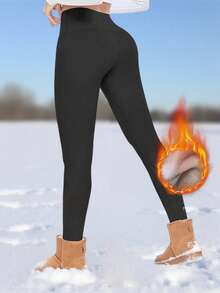 女士保暖内衬打底裤，高腰紧身弹力腰带休闲裤，适合户外健身运动，秋冬季黑色 - 黑色 - 查看 5