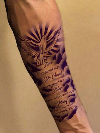 Pegatina de tatuaje temporal - 1 pieza, estilo realista, diseño audaz y realista, paloma de la paz, patrón de maquillaje con cita clásica, resistente al agua y al sudor, tatuaje mate de larga duración y no permanente, amigable para principiantes.