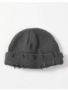 1pc Unisex Knitted Beanie Hat With Thickening Lining, Outdoor Solid Color Slouchy Cap, Winter Street - Dark Grey - View 7