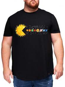 1pc Plus Size Men's Brand Creative Black Planet Print T-Shirt, Casual Style