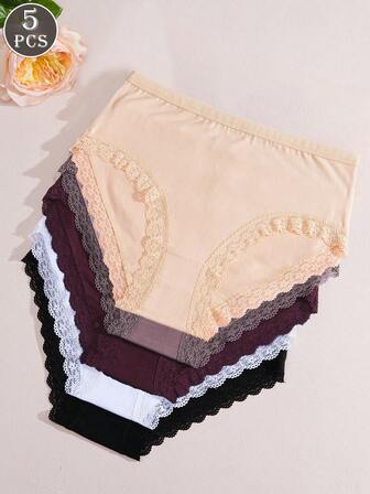 5pcs/Set Solid Color High Waist Cotton Lace Patchwork Breathable Briefs Set For Women, Suitable For Daily And Special Occasions