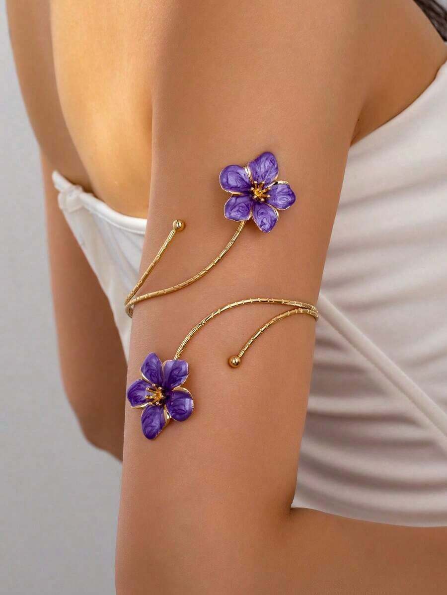 Punk Style Exaggerated Alloy Metal Multi-Color Enamel Flower Bracelet, Fashionable & Cooling Summer Colorful Enamel Floral Bracelet, Suitable For Women's Daily Wear, Holidays, Mother's Day, Gatherings, Beach, Vacation (The Floral Colors Are Handmade Enamel Glaze And May Have Some Variations Such As Color Bleeding, Staining, And Fading) - 紫色 - 查看 1
