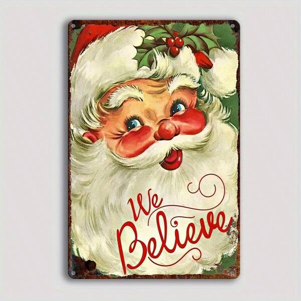 1 Stück Vintage Weihnachtsmann Eisen Wandkunst Schild - 12x8 Zoll Rustikale Weihnachtsdekoration mit "Wir glauben" Phrase, Stechpalme & Beeren Design, Keine Elektrizität erforderlich für Zuhause, Café, Bar, Garage, Vintage Weihnachts Wandkunst, Bar Dekoration, Abgenutzte Oberfläche, Heim Dekoration, Retro Feiertage, Metall, Feiertags Plakette, Heimdekoration
