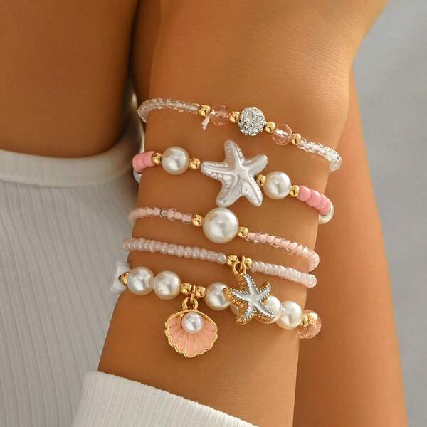 5pcs/Set Ocean Wind Bead Bracelet, Faux Pearl Sea Star Shell Bracelet, High Beauty Versatile Bracelet, Women's Beach Vacation Jewelry Necklace, Daily Wear Matching Accessories