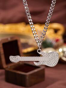 1pc Punk Rock Fashion Exaggerated Zirconia Guitar Pendant Necklace, Suitable For Daily, Party, Casual Wear, Unisex (No Gift Box)