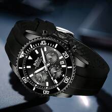 1 Đồng hồ nam BIDEN có vành lặn, chức năng bấm giờ, chống nước, thiết kế phát sáng, dây cao su, lịch ngày dạng kim thể thao thanh lịch - màu đen - Xem 8