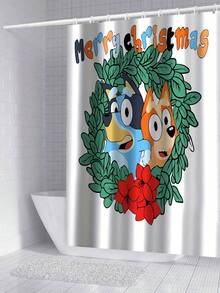 [Christmas Bluey Shower Curtain Window Curtain Set] 1/3/4pcs Christmas Solid Color Santa Hat Bluey Family And Friends Holiday Pattern Printed Shower Curtain Set, Modern Design, Suitable For All Seasons, Waterproof Polyester Hooks And Lining, Flannel Material, Soft Surface, Absorbent Anti-Slip Bathroom Mat, Bathroom Set Includes U-Shaped Mat, Toilet Mat, Anti-Slip Bathroom Mat And Bathroom Accessories, Home Decor, Holiday Decor, Christmas Gift, Daily Decor, Gift Giving