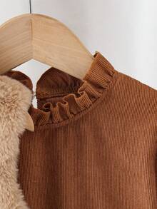 Bộ 2 món/Bộ đồ liền thân không tay nơ lông trơn màu cho bé gái + váy nhung kẻ thường ngày, mùa thu - màu nâu - Xem 7