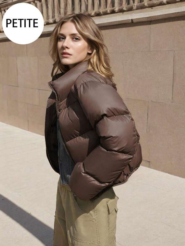 Petite Girl Women's Winter Puffer Jacket Lightweight Quilted Stand Collar Long Sleeve Relaxed Fit Zipper Buttons Coats