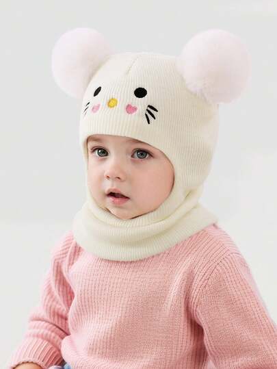 1--秋冬季男孩女孩羊毛帽，与婴儿针织帽同款，保暖婴儿套头帽，护耳帽围巾