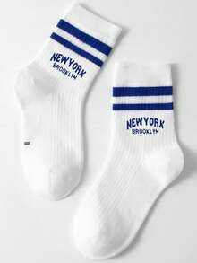 1pair Kids' Double Bar Letter Printed Sports Mid-Calf Length Socks, Suitable For Daily Outfits - Multicolor - View 4