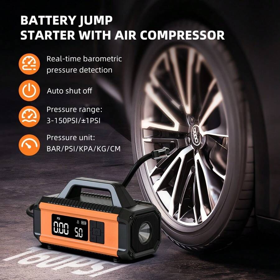 12V多功能汽车应急启动器，带便携式空气压缩机、汽车电池充电器/轮胎充气泵/14.8V 2500mAh移动电源，支持USB充电/放电/直流供电，150PSI轮胎充气泵，带数字压力表和LED工作灯，无线应急启动器，适用于汽车/车辆/摩托车/拖拉机。汽车配件/礼品。 - 彩色 - 查看 1