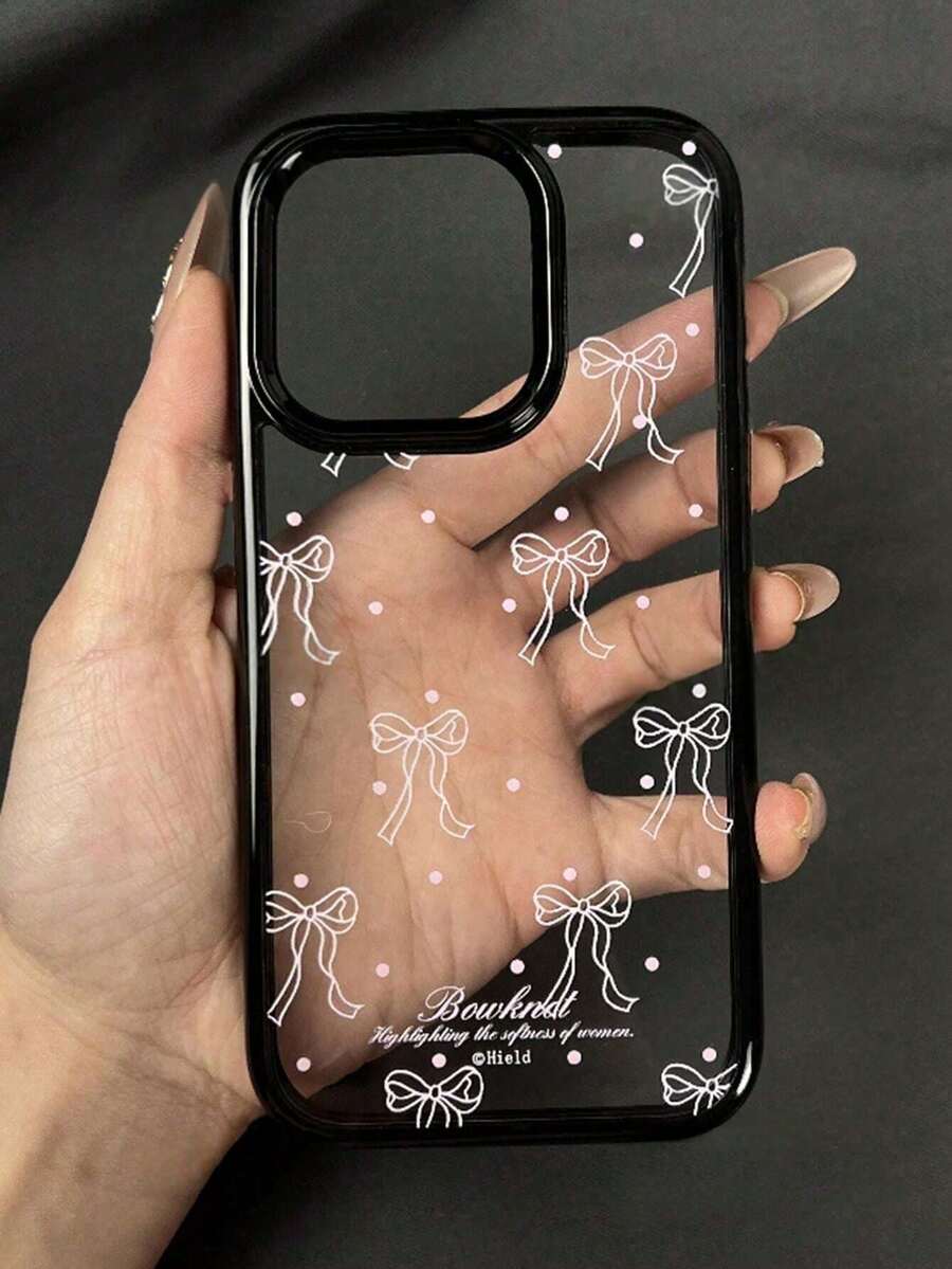 1 pezzo Custodia telefonica trasparente anti-caduta unica, dolce e rosa con pois e fiocco, adatta per iPhone 14/15 Pro Max/13/12/11 con cornice nera