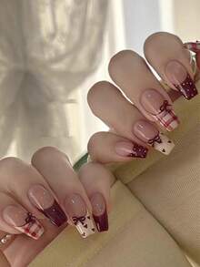 10片装纯色按压式美甲贴片，长款棺材形美甲，酒红色系列，手绘格子爱心法式波点立体红色蝴蝶结装饰，温柔优雅可爱，适合女士和女孩春夏秋冬节日派对及日常生活美甲用品，手工按压式美甲贴片 - 紅白色 - 查看 3